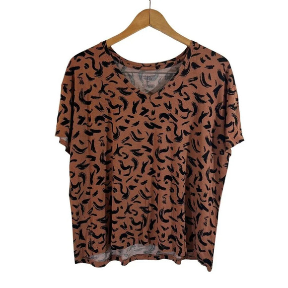 Nine West Abstract V Neck T Shirt Plus XXL Soft Spun Light Brown Black Stretch - Picture 1 of 6